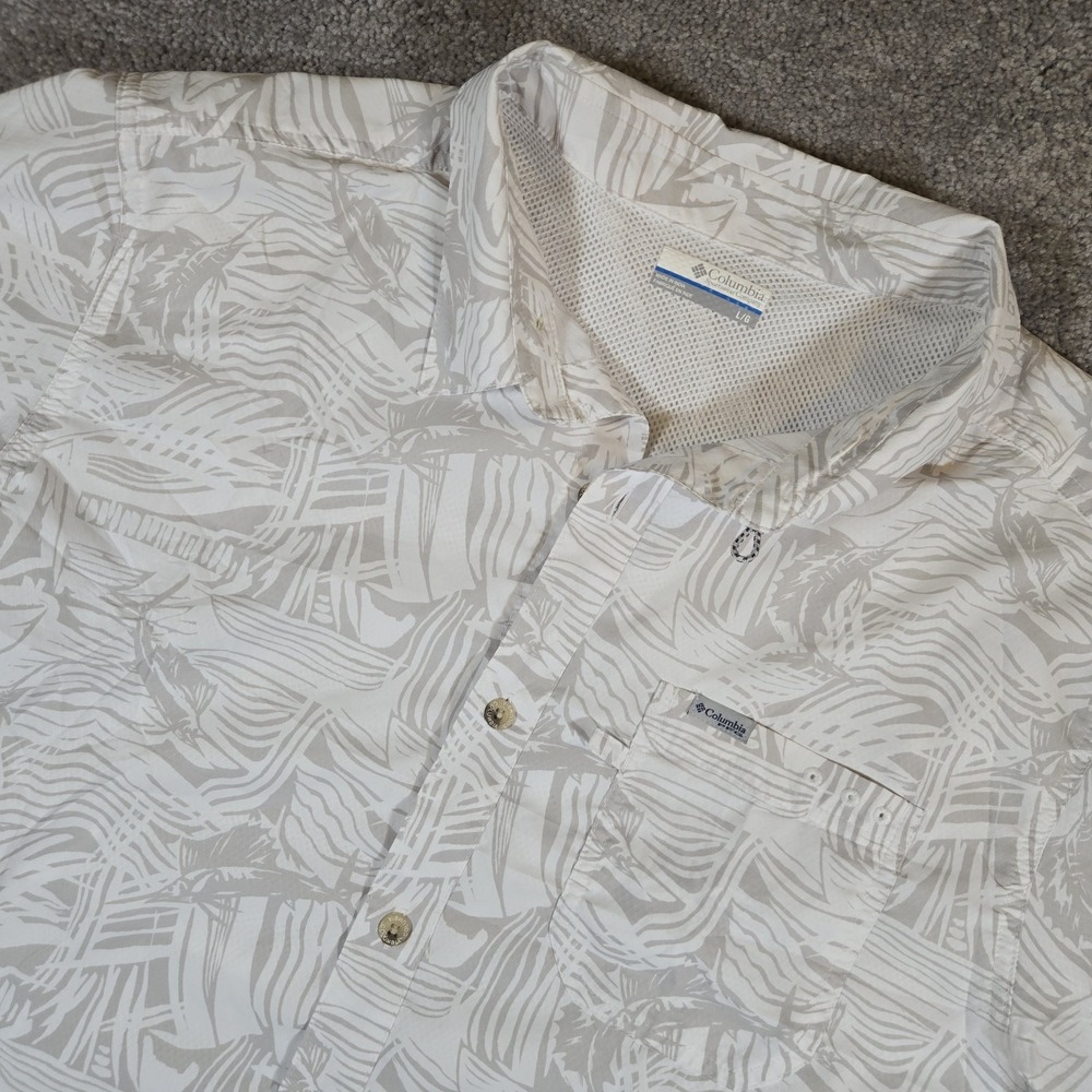 Columbia PFG Marlin Print Fishing Shirt Mens Large Short Sleeve Button Up Vented